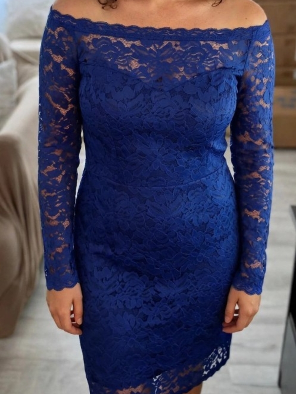 Allegra K Off-Shoulder Navy Blue Lace Long Sleeve Dress